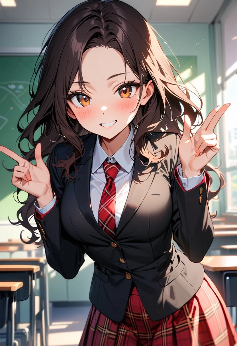 (masterpiece, best quality:1.3), A young woman, 19-years-old, average height, slender figure, solo, Korean, (long black wavy hair that's parted in the middle, no bangs:1.2), brown eyes, (black blazer, white shirt, red plaid necktie, red pleated skirt, black pantyhose:1.1), playful smile, cheerful, mature face, classroom, holding up a v-sign, upper body, looking at viewer