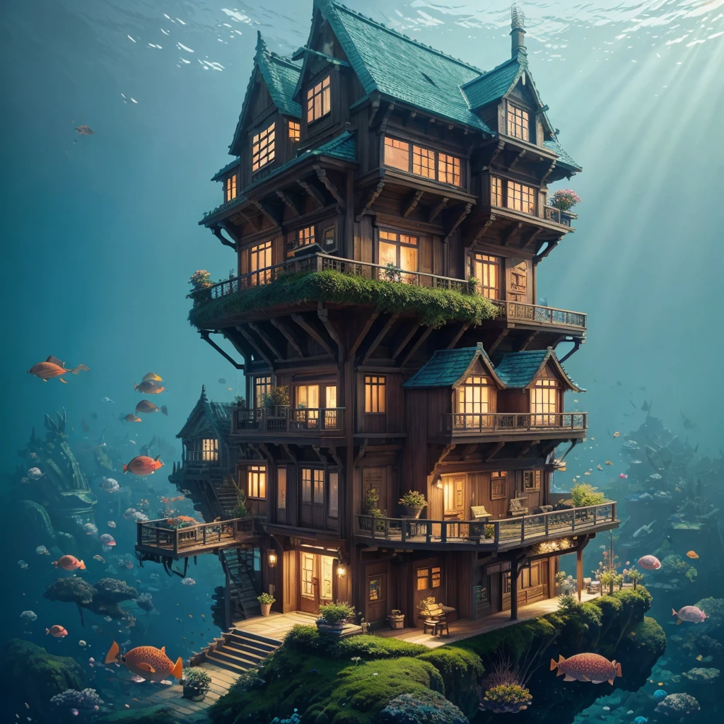 Color (Fantasy: 1.2), (Hayao Miyazaki style), (irregular building floating under the sea), patchwork cottages, Moss decorations, coral, lights, concept art inspired by Andreas Rocha, Artstation contest winner, Fantasy art, (underwater city), ross tran, light shafts, realistic lighting, masterpiece, high quality, beautiful graphics, high detail, masterpiece, high quality, beautiful graphics, high detail, --v6