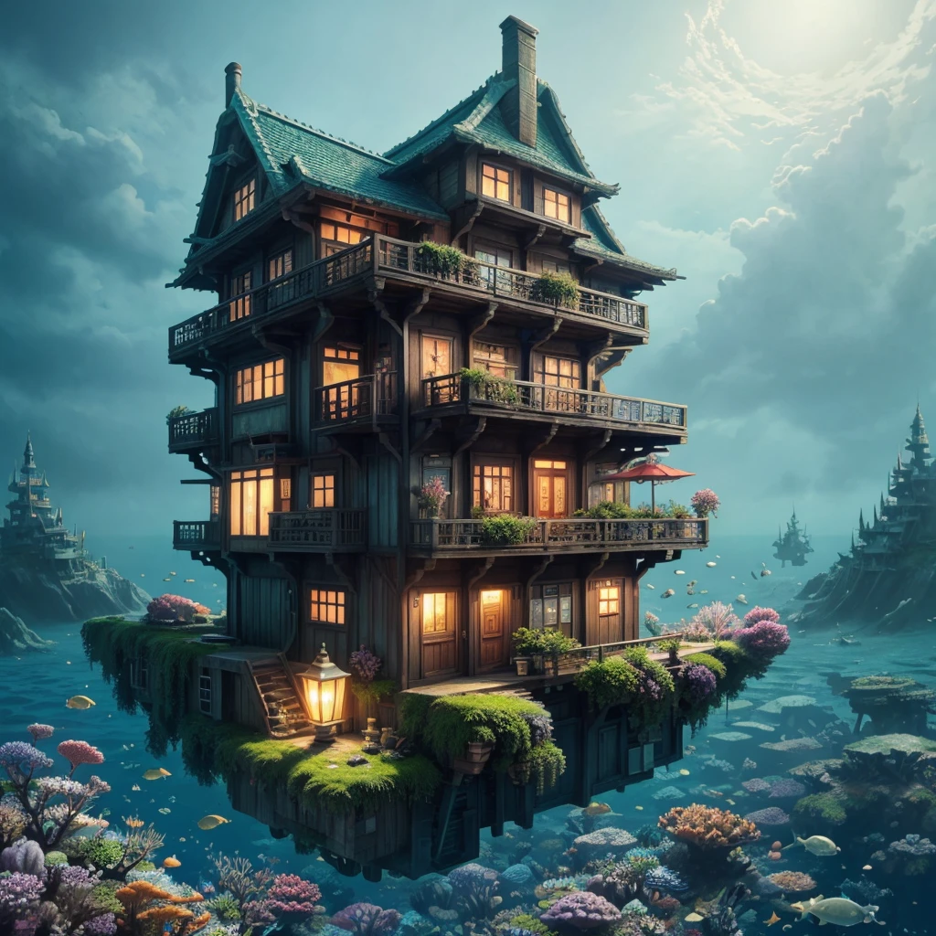 Color (Fantasy: 1.2), (Hayao Miyazaki style), (irregular building floating under the sea), patchwork cottages, Moss decorations, coral, lights, concept art inspired by Andreas Rocha, Artstation contest winner, Fantasy art, (underwater city), ross tran, light shafts, realistic lighting, masterpiece, high quality, beautiful graphics, high detail, masterpiece, high quality, beautiful graphics, high detail, --v6