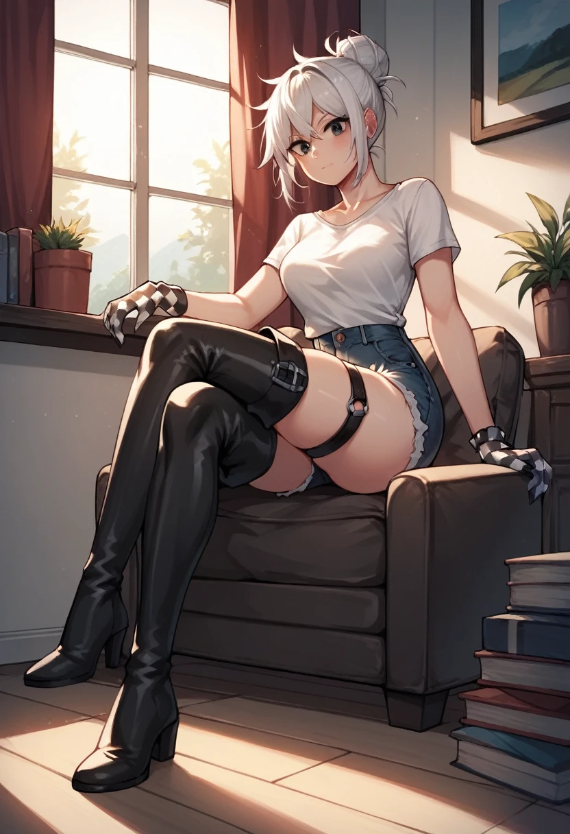 score_9, score_8_up, score_7_up, score_6_up, score_5_up, score_4_up, source_anime, 1woman, sit, white hair, hair bun, black eyes, crossed legs, messy hair, white shirt, jeans shorts, leather bracelet, checkered gloves, thigh high boots, evening, hip strap, windows, floor, pictures, rooms, best quality, best res, 4K UHD,
 