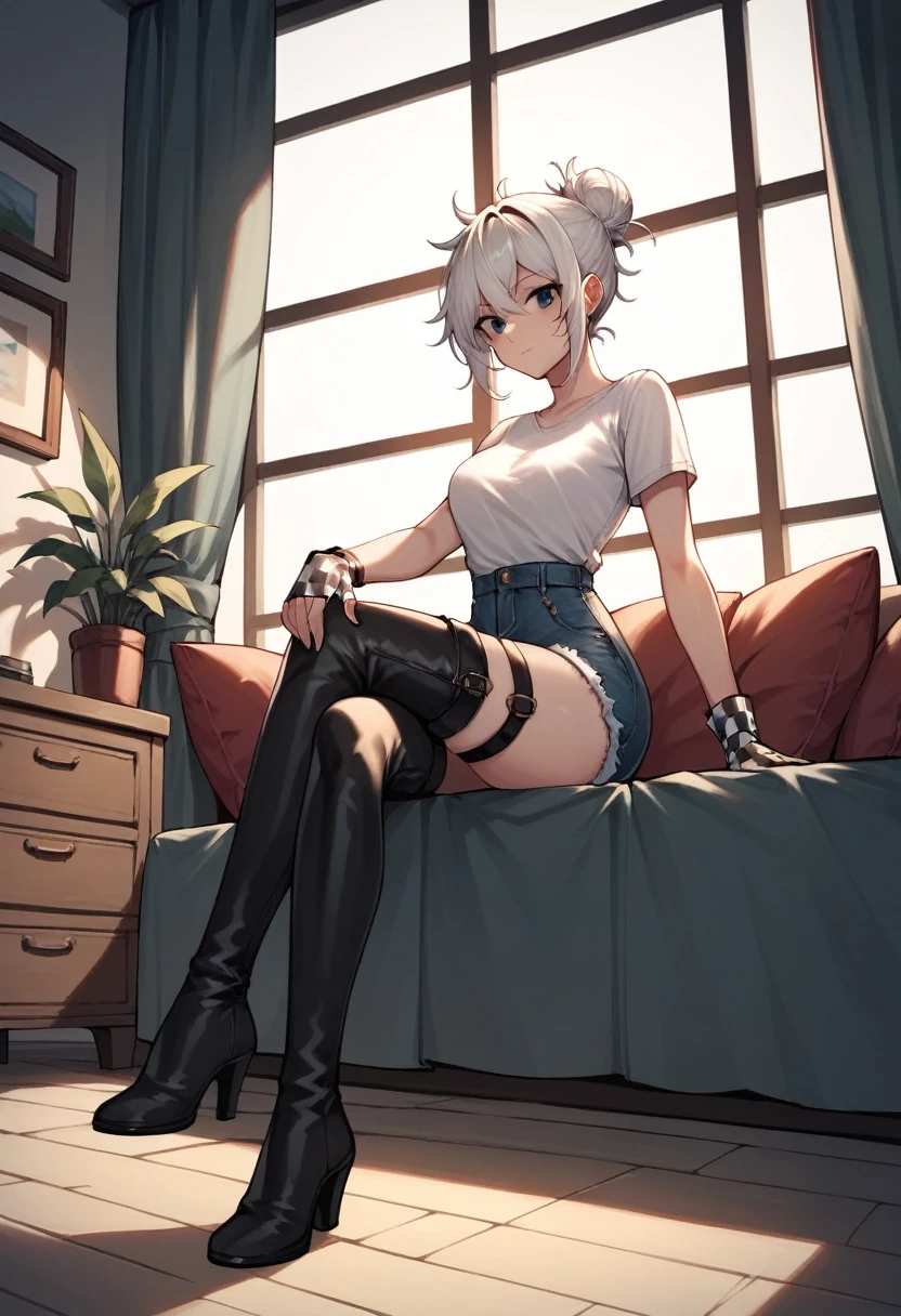 score_9, score_8_up, score_7_up, score_6_up, score_5_up, score_4_up, source_anime, 1woman, sit, white hair, hair bun, black eyes, crossed legs, messy hair, white shirt, jeans shorts, leather bracelet, checkered gloves, thigh high boots, evening, hip strap, windows, floor, pictures, rooms, best quality, best res, 4K UHD,
 