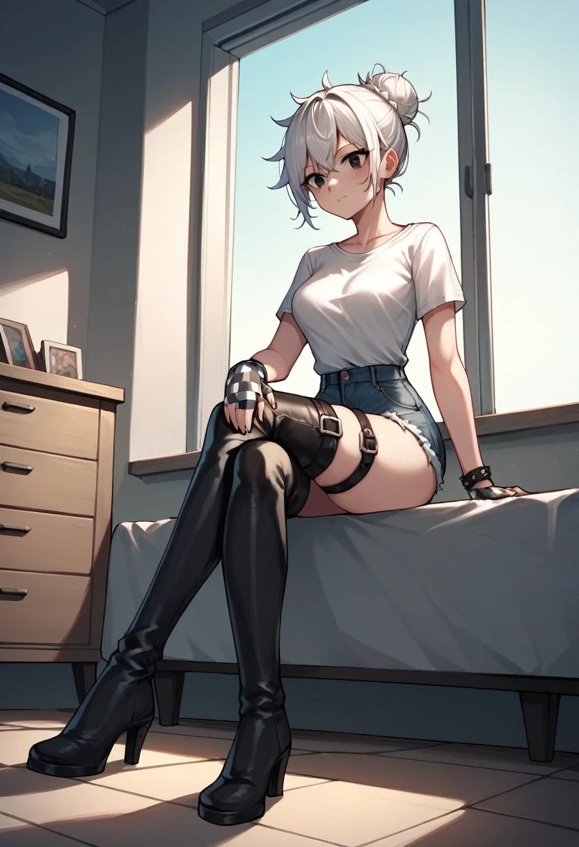 score_9, score_8_up, score_7_up, score_6_up, score_5_up, score_4_up, source_anime, 1woman, sit, white hair, hair bun, black eyes, crossed legs, messy hair, white shirt, jeans shorts, leather bracelet, checkered gloves, thigh high boots, evening, hip strap, windows, floor, pictures, rooms, best quality, best res, 4K UHD,
 
