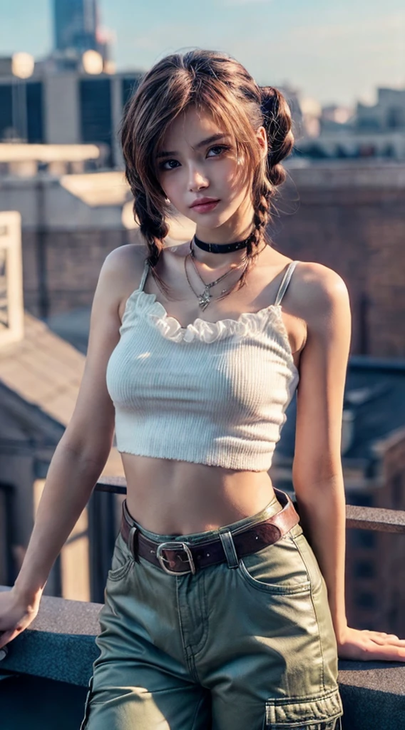 (Ultra-detailed eyes), (((textile shading))), (((Best Quality))), (((materpiece))), (((Ultra-detailed CG))), sassy girl, (((magical ))), (Petite), (tiny chest), brown pigtails hair, brown pigtails hair, brown pigtails hair, ((rock chic punk hair style, long hair, gorgeous hair)), Pink eyes, (((rock chick, punk, riot girl, y2k))), ((striking a pose)), (((Game CG)) (gorgeous, sassy, it girl), fancy jewelry, on a rooftop, Halterneck Leather Crop Top, Ruched Layer Top, cargo Pants, atmosphere,4K, strong rooftop atmosphere, cowboy shot, midshot, centered image, eye on camera, daylight, look at the viewer