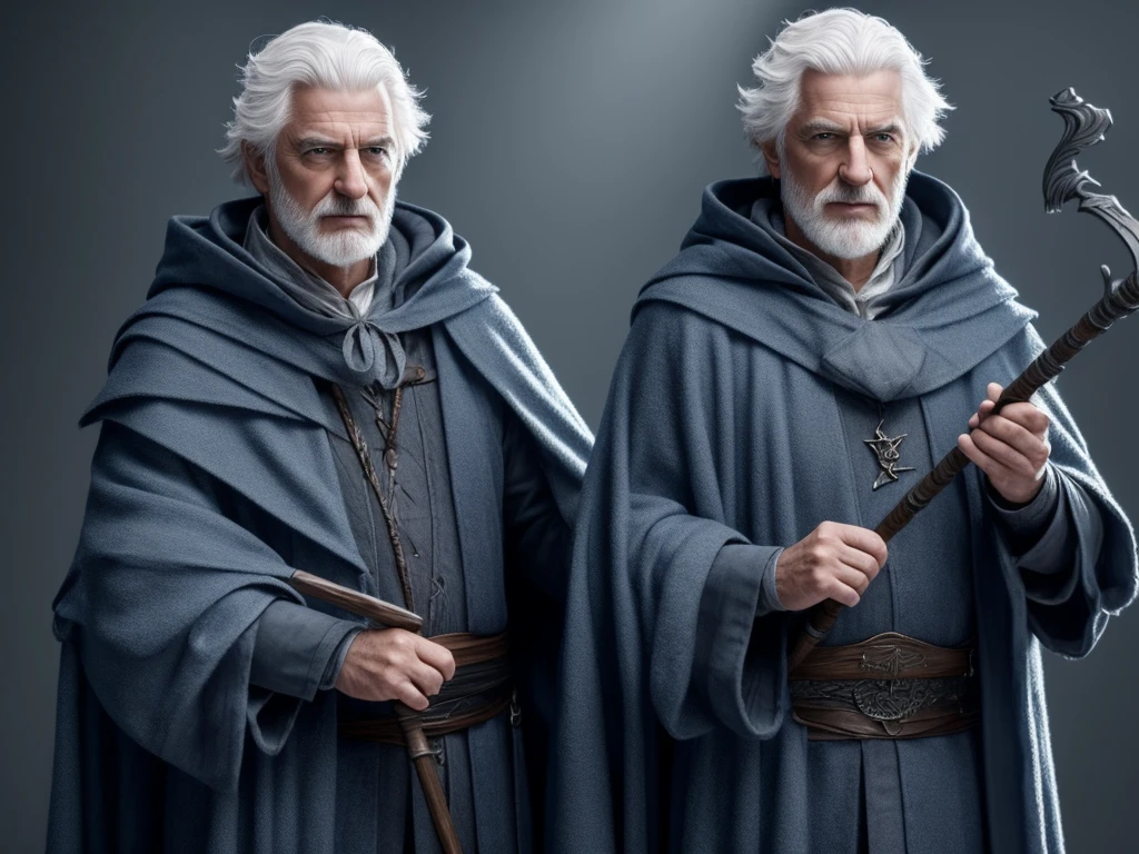 Create a wizard character, detailed, 4K, HD, old realistic, blue eyes, white hair, gray hood, black overcoat, holding a staff, with a blue stone at the tip, on a white background