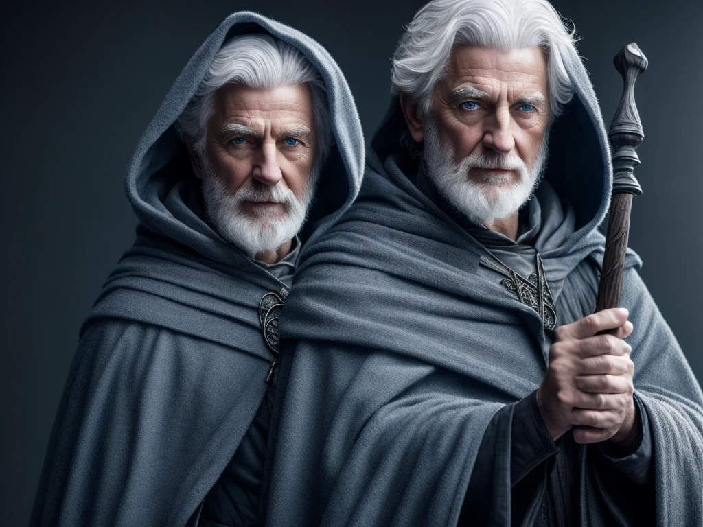 Create a wizard character, detailed, 4K, HD, old realistic, blue eyes, white hair, gray hood, black overcoat, holding a staff, with a blue stone at the tip, on a white background