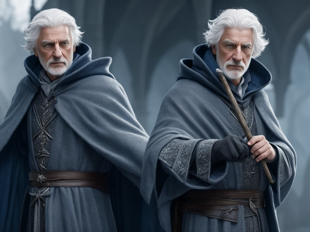 Create a wizard character, detailed, 4K, HD, old realistic, blue eyes, white hair, gray hood, black overcoat, holding a staff, with a blue stone at the tip, on a white background