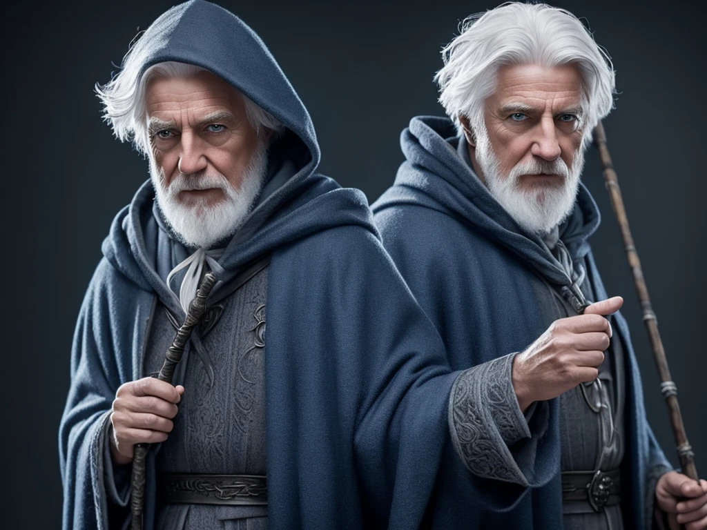 Create a wizard character, detailed, 4K, HD, old realistic, blue eyes, white hair, gray hood, black overcoat, holding a staff, with a blue stone at the tip, on a white background