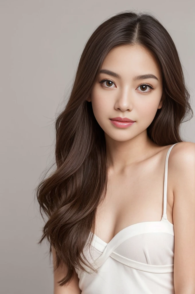 Create a (( mid-shot )) photorealistic image of a beautiful Asian woman with fair, smooth, flawless skin. She has large, round, sparkling eyes with naturally long and curled eyelashes, and well-defined, dark eyebrows. Her nose is straight and high, and her naturally pink, soft lips form a gentle smile. She has short, slightly curled brown hair that highlights her delicate facial features. Her face is oval-shaped, with a wide and high forehead, moderately high cheekbones, and a pointed, slender chin. She is wearing white underwear . (( waist to top))