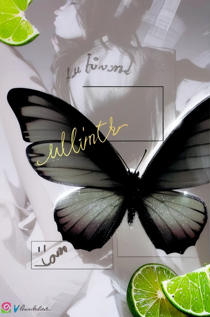 large black butterfly with its wings spread open. The background is a textured, misty grey with hints of green, creating a soft, ethereal atmosphere. There are lime slices positioned in the corners of the image, adding a vibrant pop of green color.

Overlaid on the butterfly's wing is the word "Lullm♥m" written in a yellow script font, possibly handwritten. In the bottom right corner, there is a small piece of text in Russian that reads "Я люблю маму," which translates to "I love mom" in English.

The image combines natural elements with a touch of personal sentiment, creating a visually appealing and emotionally resonant design