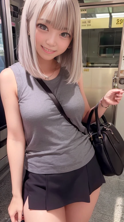 Female college student、Commuting to school、Tight mini skirt with slit、Sleeveless tank top、Inside the train、Look at your smartphone、Are standing、1 girl、Bob Hair、Silver Hair、Medium breast、Smile and stare、Highest quality、masterpiece:1.3、Raw photo、Carry your bag diagonally across your shoulder、Paisura:1.3、