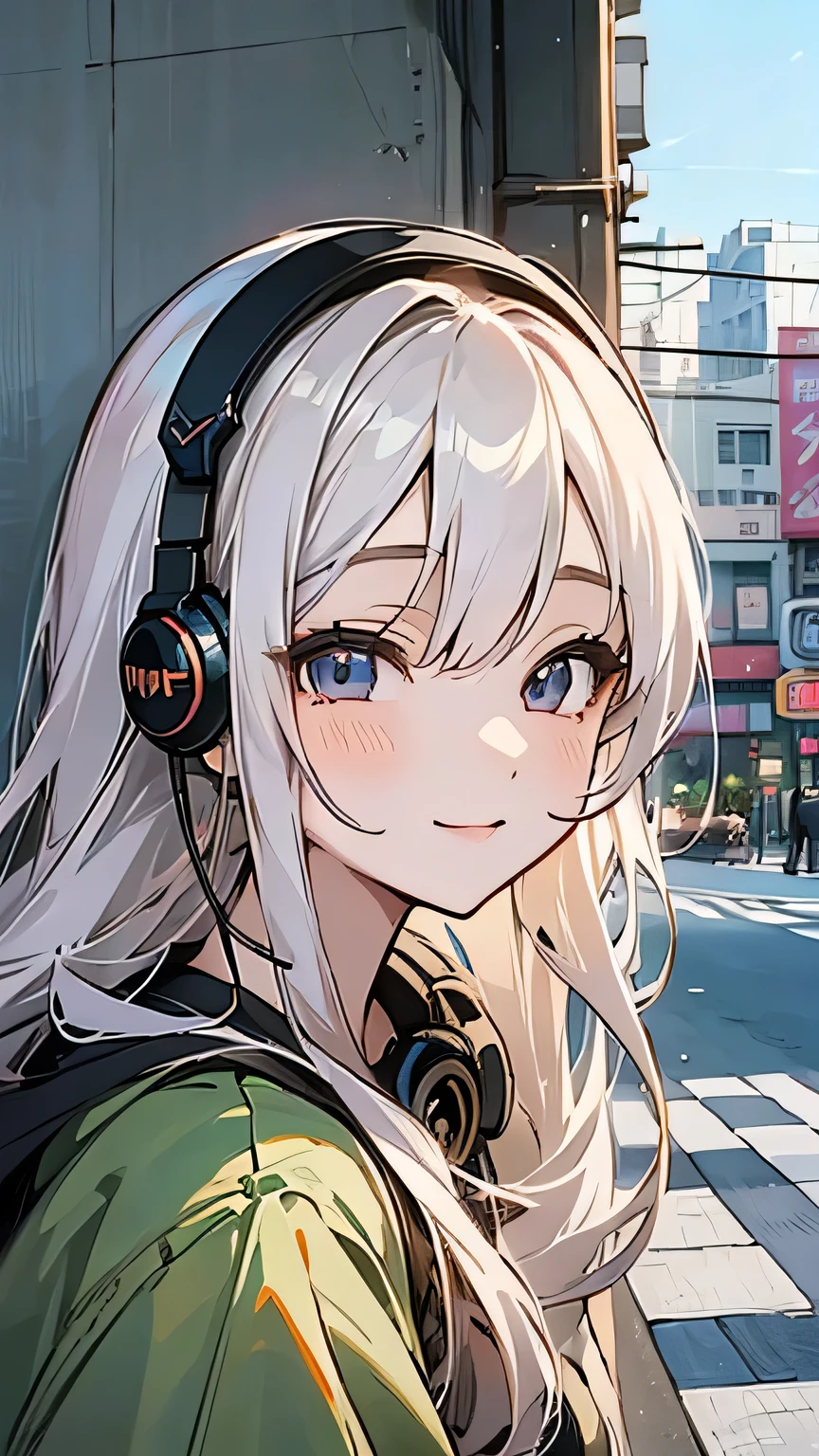 anime, girl, illustration, model, potraits ,headphone, background city on the road, smile, exist