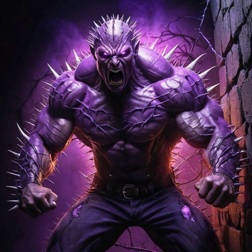 a monster, muscular, body covered in thorns, eyes with purple light and furious, destroying a wall with one punch. High resolution, sharpness, novel graphics. No defects, two arms and 2 legs.