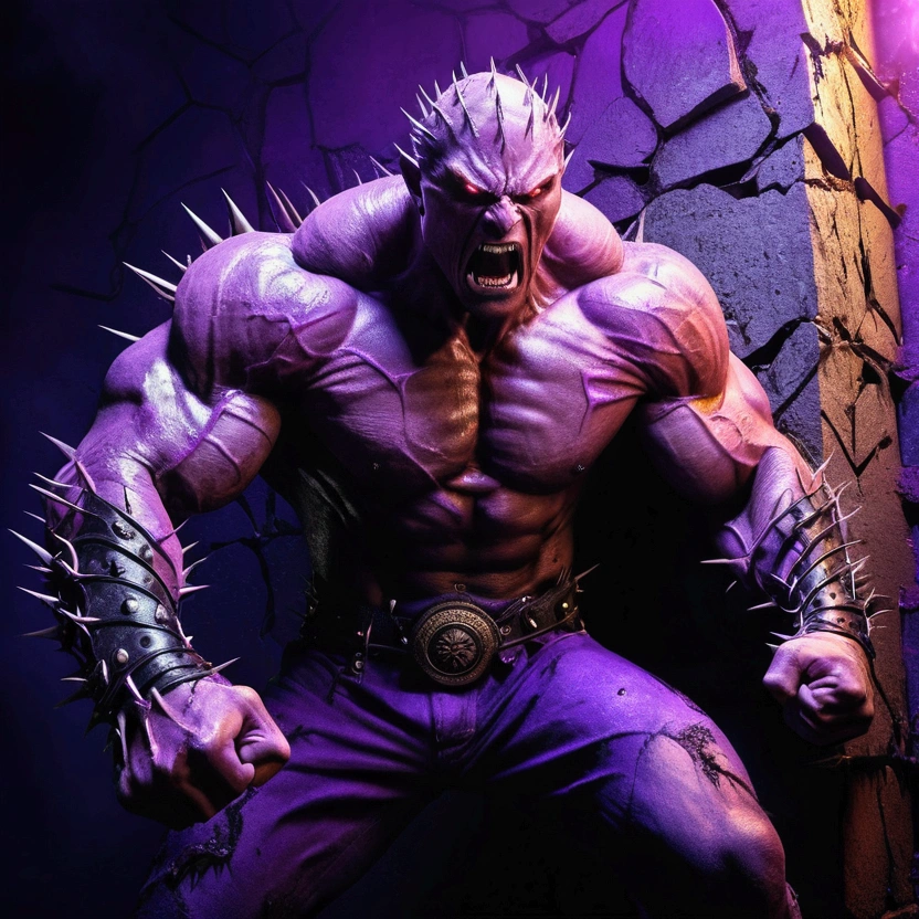a monster, muscular, body covered in thorns, eyes with purple light and furious, destroying a wall with one punch. High resolution, sharpness, novel graphics. No defects, two arms and 2 legs.