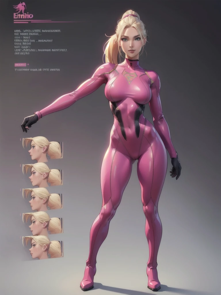 ((best quality)), ((4k)), ((highres)), ((masterpiece:1.2)). ((detailed)), ((ultra realistic)), ((intricate details)), ((full body picture)), ((character design sheet)), ((blank background)), ((standing in a blank background)), full body shot of a beautiful european female, blond beauty, about 21 years old, rosy white skin, red lips, bright smile on her face, about 5'6 ft. tall, perfect face, gorgeous face, blond hair, vivid green eyes, detailed lips, detailed eyes, long ponytail, athletic body, dressed in a skin-tight dark pink bodysuit ((emphasis on her skin-tight dark pink bodysuit)), black boots, ((black boots)), superhero character concept art, lean body frame.
