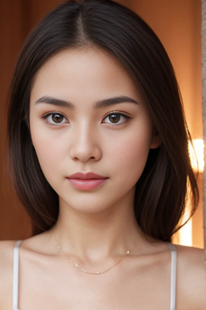 Create a (( mid-shot )) photorealistic image of a beautiful Asian woman with fair, smooth, flawless skin. She has large, round, sparkling eyes with naturally long and curled eyelashes, and well-defined, dark eyebrows. Her nose is straight and high, and her naturally pink, soft lips form a gentle smile. She has short, slightly curled brown hair that highlights her delicate facial features. Her face is oval-shaped, with a wide and high forehead, moderately high cheekbones, and a pointed, slender chin. (( waist to top)) ((,She is wearing a shirt slender shoulders with (((.bralette trap))), simple necklace , highlighted by the rays of light creating a radiant effect on her skin. , mid-shot , light rays, warm atmosphere ,))