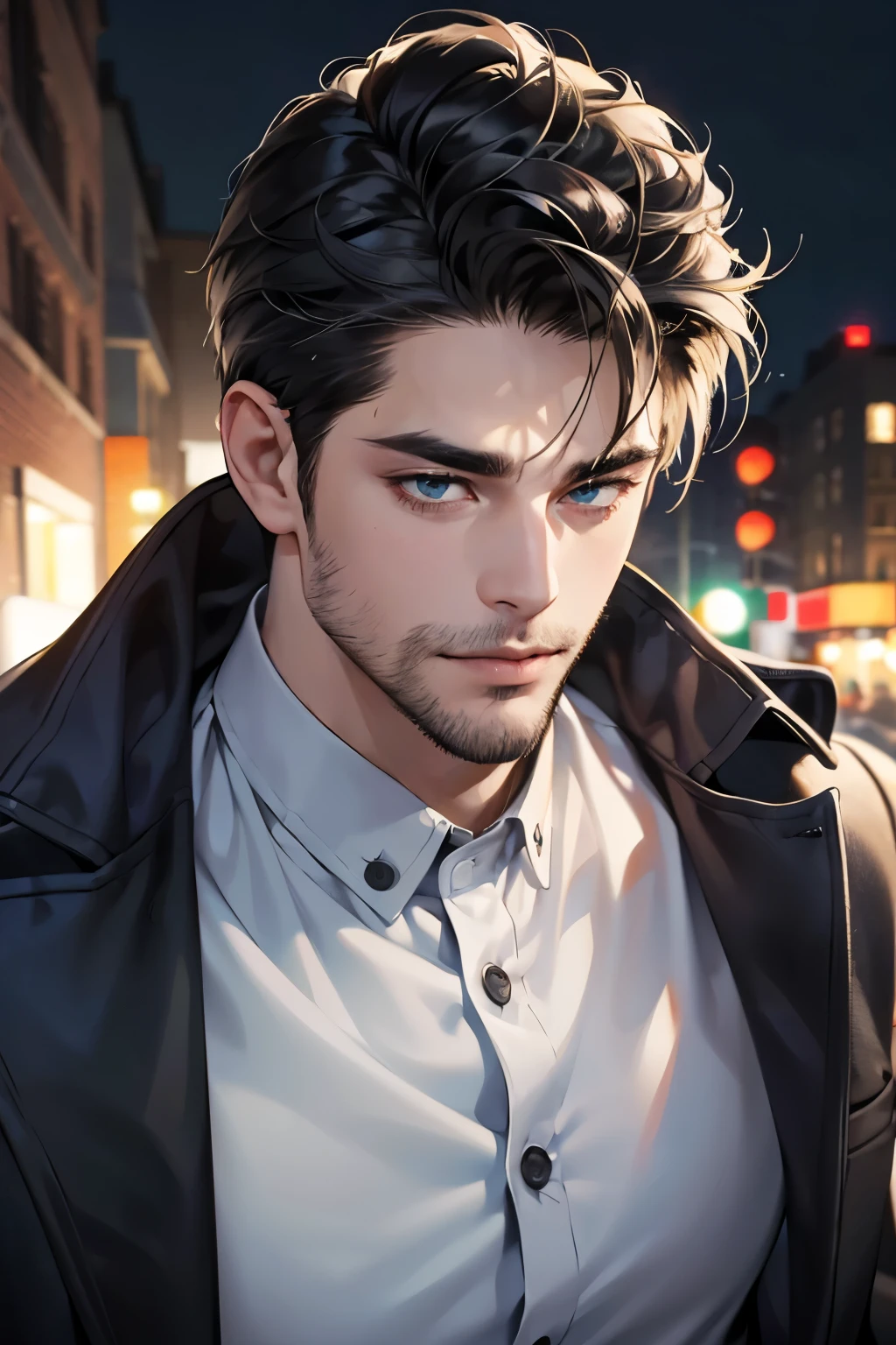 (best quality,4k,8k,highres,masterpiece:1.2),ultra-detailed,(realistic,photorealistic,photo-realistic:1.37),30 year old man,3 day beard,handsome anime,portraits,strong,masculine,dark hair,sharp jawline,mesmerizing eyes,perfectly styled hair,cool anime outfit,confident expression,vibrant colors,dynamic lighting, CEO and expression smile in love.