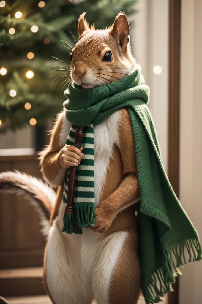 Squirrel with wand in hand, green and beige striped scarf