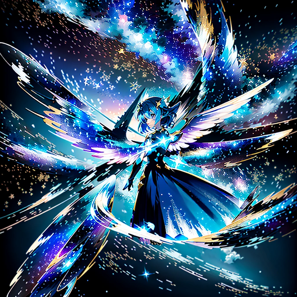 A magical girl in an elegant blue dress, surrounded by stars and clouds, stands gracefully on the sky stage with her wings spread wide., fantasy art style, illustration, 2D game art, Kawaii aesthetics, cute cartoon characters, shining golden star hairpin on head, magic portal castle background, high resolution, high detail, high quality --ar 7:4