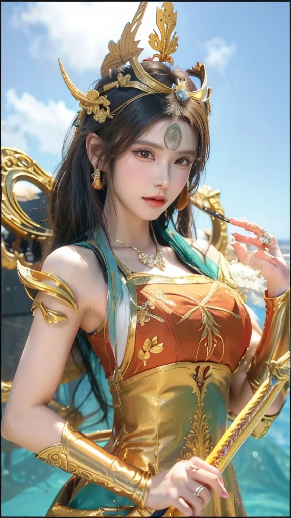 a woman in a golden dress holding a sword and wearing a crown, digital art inspired by Lan Ying, Artstation, fantasy art, queen of the sea mu yanling, yun ling, a beautiful fantasy empress, portrait of modern darna, bian lian, heise jinyao, goddess of beauty, ig model | artgerm, artgerm lau