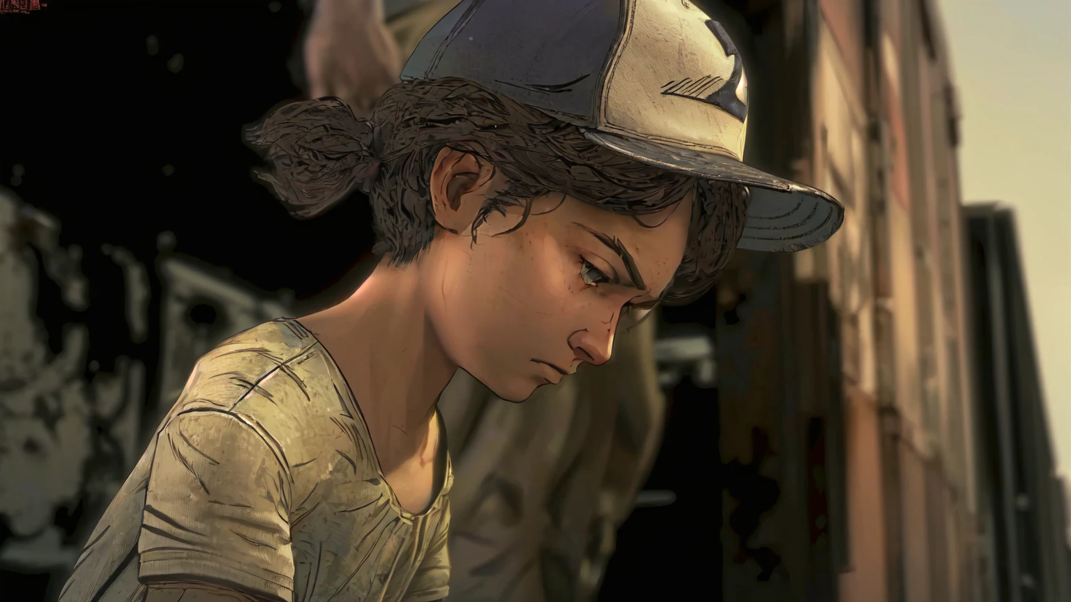 arafed young man in a baseball cap looking down at his cell phone, telltale games style, video game cutscene, telltale style, hd screenshot, super realistic”, ultra realistic ”, ultra realistic”, hd remaster, character close up, uhd character details, wears a destroyed hat, in the walking dead, an ultra realistic, hq artwork, next gen