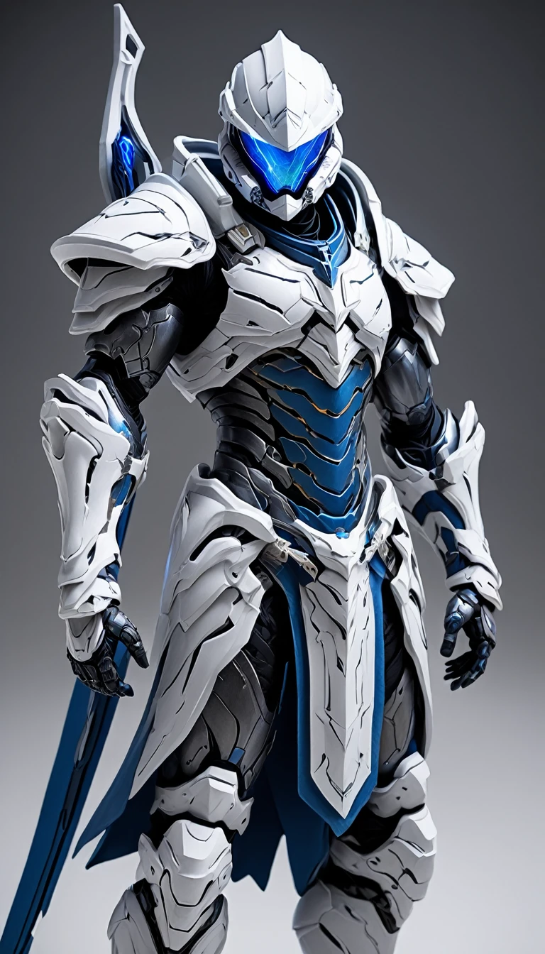 Masterpieces, Holy White Knight, Action style shot, (Battle Priest in a warframe and halo style armor with a long bow), (white blue and silver color scheme), (white hood and cape), (action shot: drawing bow), (quiver on back), white and blue tabard (solid color background), centered, full body shot, (dynamic action stance pose), sci-fi knight, Halo master chief, vibrant colors, visible figure joints, cinematic shot, volumetric lighting, intricate pattern detail, highly detailed