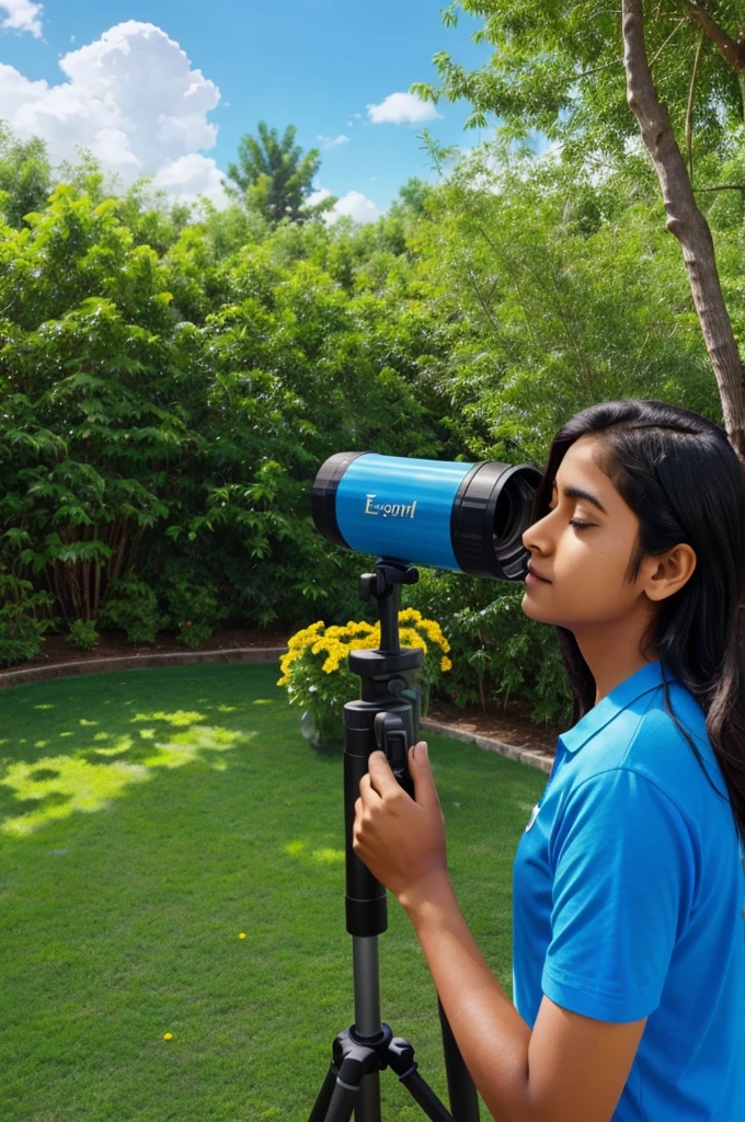 Earth - The video opens with a bright, sunny day in Krish's backyard. There are trees, flowers, and a big blue sky. Krish is looking through a telescope.