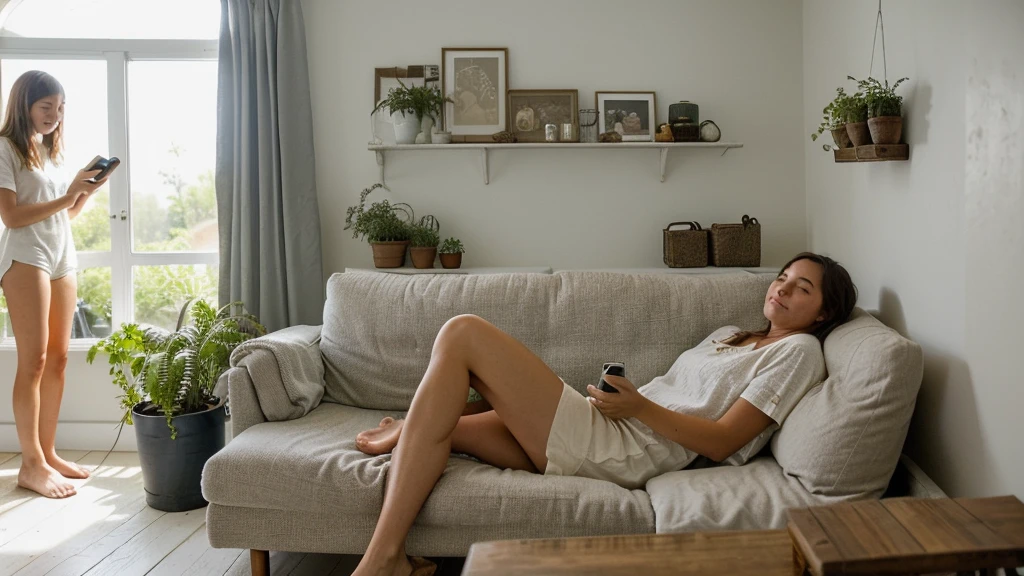 The picture shows a cozy living room scene with a couple relaxing together on a white sofa. The man is sitting upright, leaning back comfortably, while the woman is lying down with her head resting on his lap. They both appear content and are looking at a smartphone the woman is holding. The room has a light and airy feel, with a large window allowing natural light to fill the space. There's an air conditioning unit mounted on the wall behind them. The wall has a rustic, partially distressed look, adding character to the room. There's also a side table with decorative items, a potted plant, and a floor lamp in the background. The overall atmosphere is relaxed and intimate.