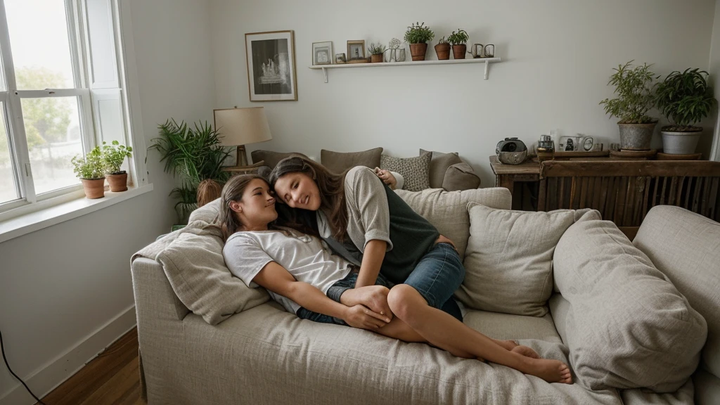 The picture shows a cozy living room scene with a couple relaxing together on a white sofa. The man is sitting upright, leaning back comfortably, while the woman is lying down with her head resting on his lap. They both appear content and are looking at a smartphone the woman is holding. The room has a light and airy feel, with a large window allowing natural light to fill the space. There's an air conditioning unit mounted on the wall behind them. The wall has a rustic, partially distressed look, adding character to the room. There's also a side table with decorative items, a potted plant, and a floor lamp in the background. The overall atmosphere is relaxed and intimate.