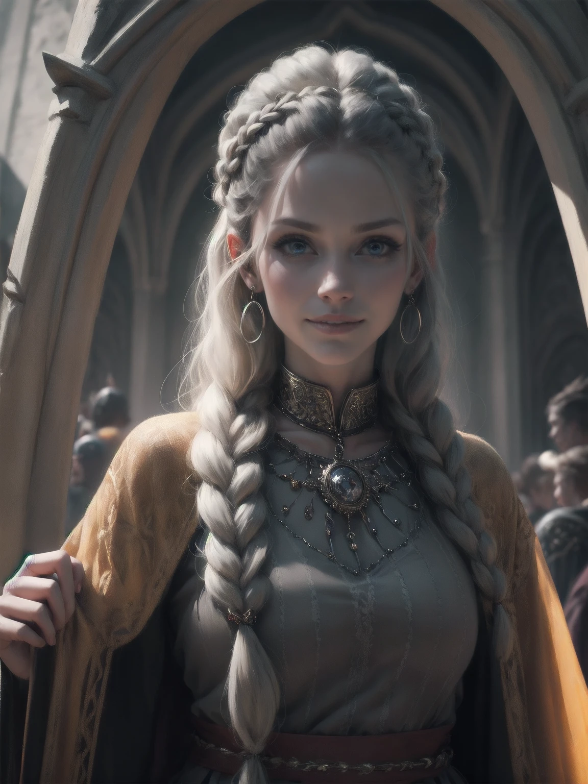 {-erro_de_anatomia:1.0} woman 30 years old, north,viking clothes, (nordic dress), dark castle, a woman (lagherta), very long blond hair (blond hair), (gray eyes) . Indifferent look , merciless. among the gods, dinamic poses, egoist smile, upper body,