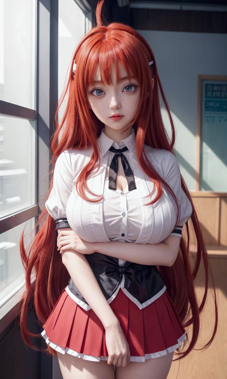 anime girl with red hair and a white shirt and skirt, rias gremory, marin kitagawa fanart, seductive anime girl, beautiful anime high school girl, anime girl with long hair, anime waifu, an anime girl, holo, anime best girl, anime moe artstyle, anime visual of a cute girl, attractive anime girl, cute anime waifu in a nice dress, cleavage 