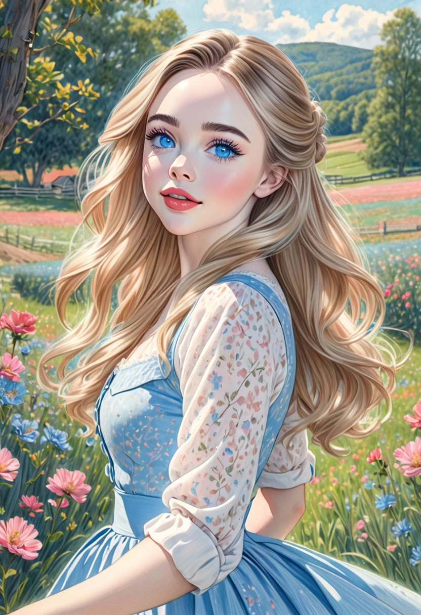 A colored pencil sketch of a beautiful swedish farm wife. crystal blue eyes. rosy complexion. full lips. Sabrina Carpenter. Sudectively dancing in a medow.