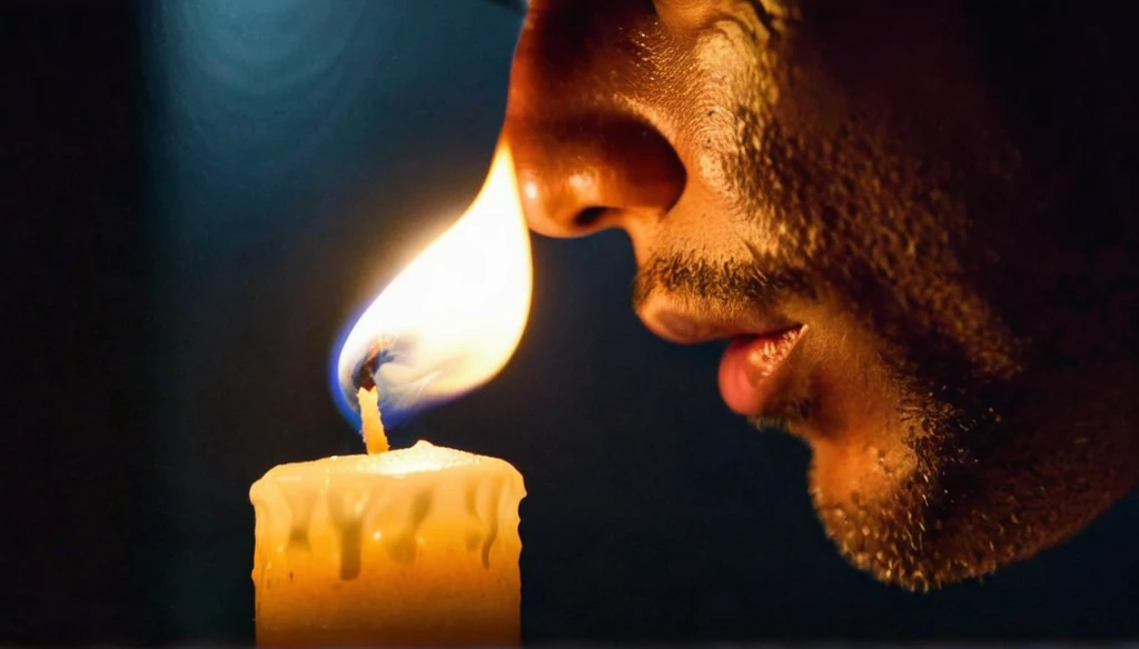 Closeup of a person blowing off a burning candle, in a dark room