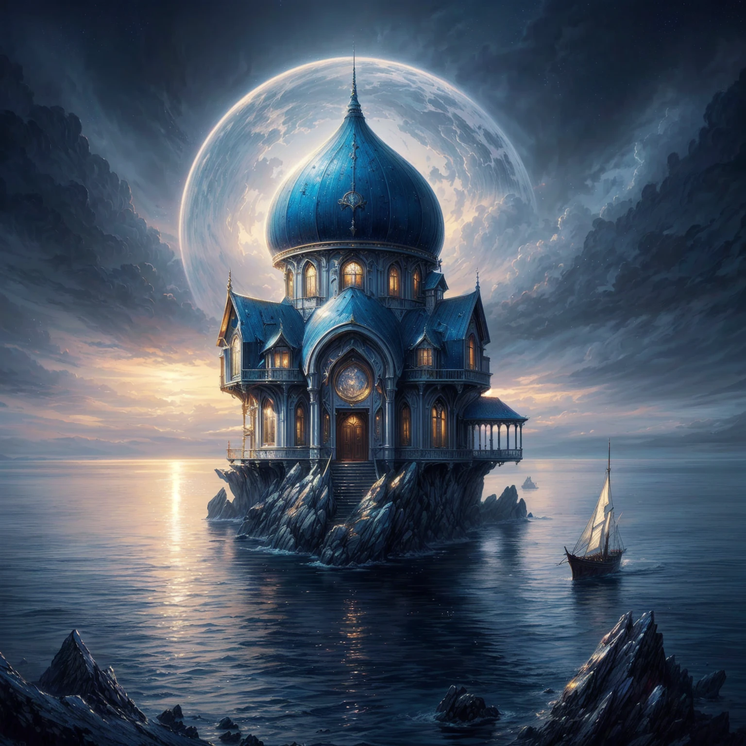 arafed image of a blue house on a rock in the middle of the ocean, fantasy surrealism, by Alexander Kucharsky, floating palace, 8 0's style tomasz alen kopera, symmetrical epic fantasy art, fantasy highly detailed, 4k highly detailed digital art, surreal and fantasy art, wide angle fantasy art