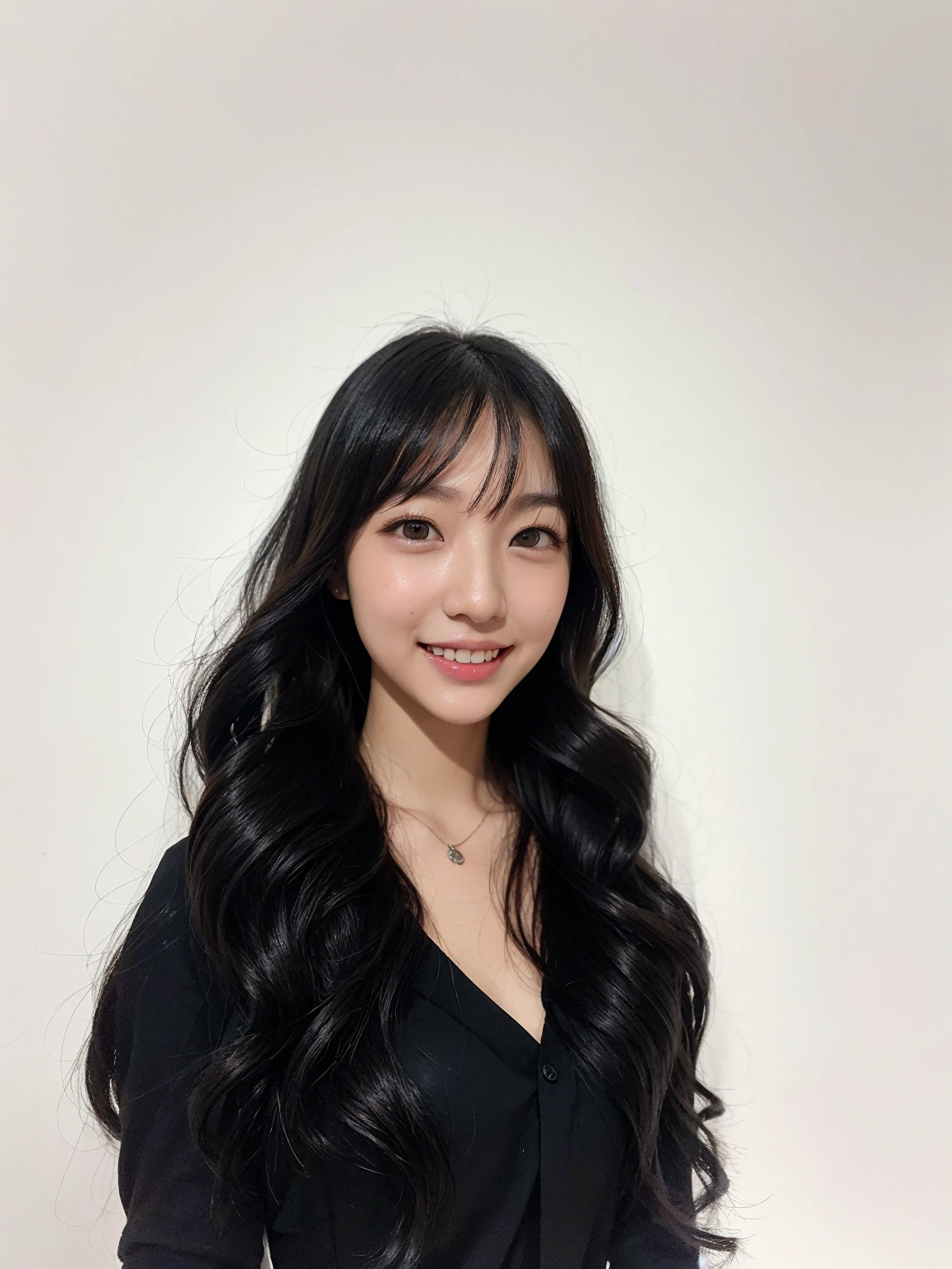 Best Quality, 8k, Masterpiece, (Portrait: 1.3), (photo realistic:1.4), (hyper realistic:1.4), Sharp Focus, looking at viewer, (smoother lighting:1.1), (increase cinematic lighting quality:0.9), realistic lighting, backlighting, light on face, ray trace, (brightening light:1.2), (Increase quality:1.4), sharp detail, (best quality real texture skin:1.4), finely detailed eyes, black_eyes, finely detailed face, 25 year old Korean woman, smiling_face, (white formal_shirt:1.4), (Create an image maintaining the original base model hairstyle:1.5)