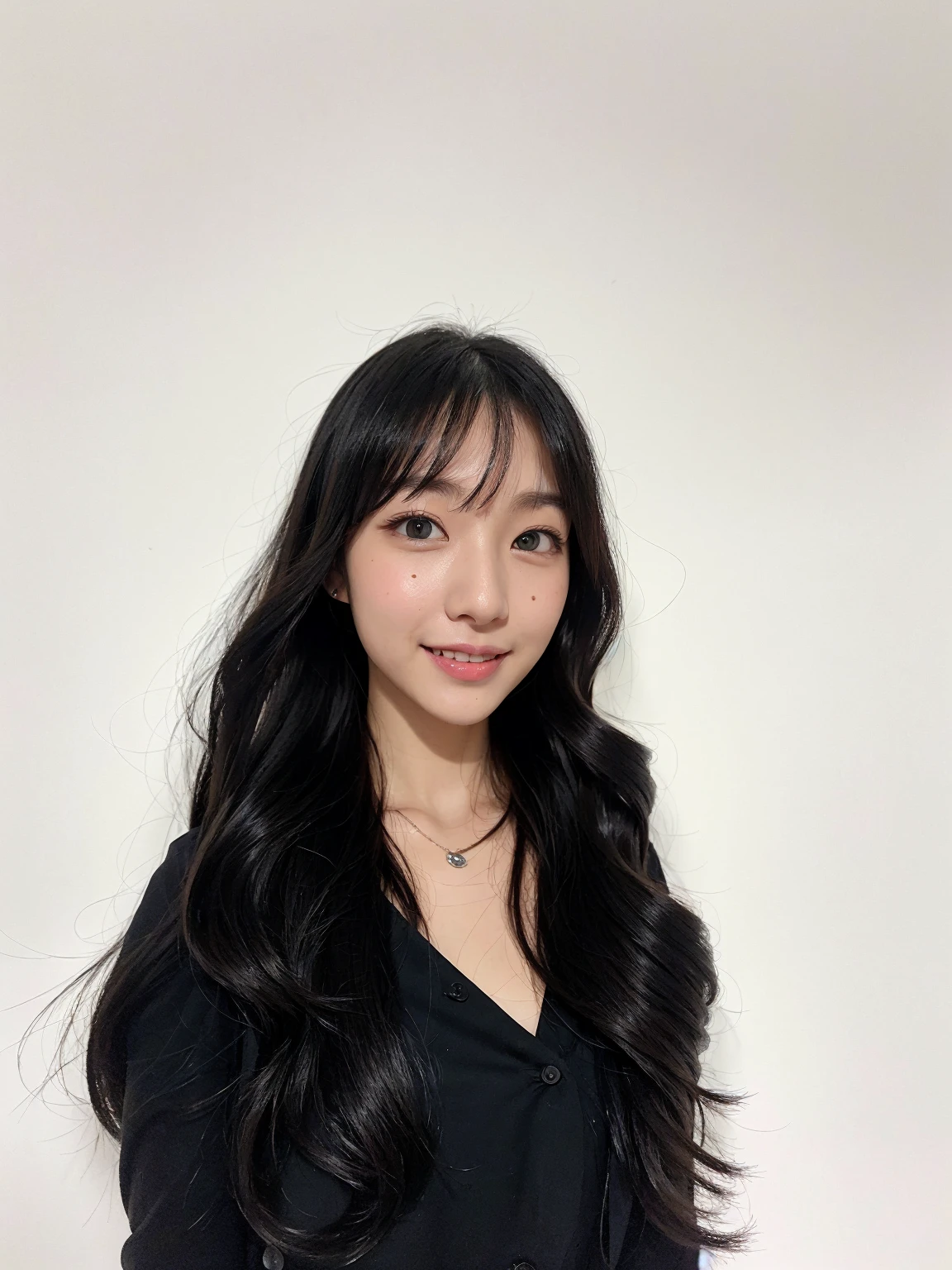 Best Quality, 8k, Masterpiece, (Portrait: 1.3), (photo realistic:1.4), (hyper realistic:1.4), Sharp Focus, looking at viewer, (smoother lighting:1.1), (increase cinematic lighting quality:0.9), realistic lighting, backlighting, light on face, ray trace, (brightening light:1.2), (Increase quality:1.4), sharp detail, (best quality real texture skin:1.4), finely detailed eyes, black_eyes, finely detailed face, 25 year old Korean woman, smiling_face, (white formal_shirt:1.4), (Create an image maintaining the original base model hairstyle:1.5)