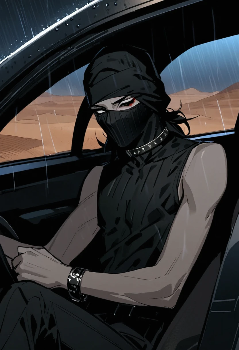 Male arab modern terrorist, terrorist, black balaclava, black bandage, black clothes, thin waist, skinny body, femboy, light skin, makeup, black eyeliner, big eyelashes, black eyeshadow, metal choker,  light tanned skin, inside the car, desert, night, rain 