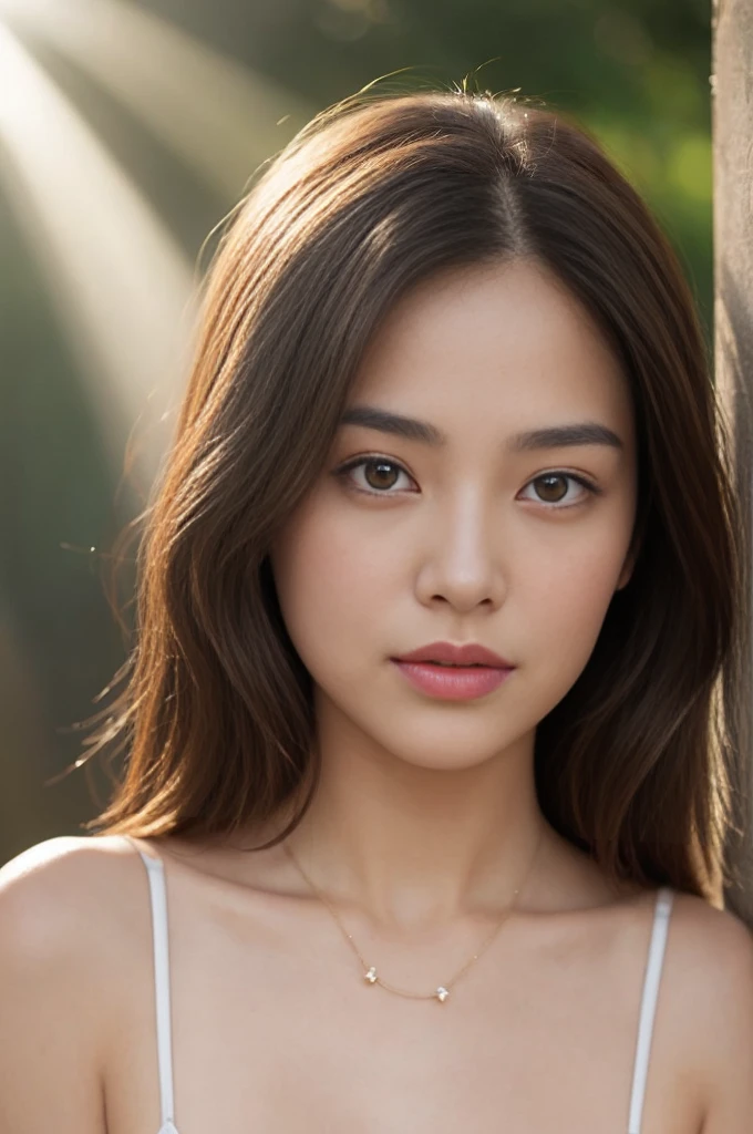 Create a (( mid-shot )) photorealistic image of a beautiful Asian woman with fair, smooth, flawless skin. She has large, round, sparkling eyes with naturally long and curled eyelashes, and well-defined, dark eyebrows. Her nose is straight and high, and her naturally pink, soft lips form a gentle smile. She has short, slightly curled brown hair that highlights her delicate facial features. Her face is oval-shaped, with a wide and high forehead, moderately high cheekbones, and a pointed, slender chin. (( waist to top)) ((,She is wearing a shirt slender shoulders with (((.bralette trap))), simple necklace , highlighted by the rays of light creating a radiant effect on her skin. , mid-shot , light rays, warm atmosphere ,))