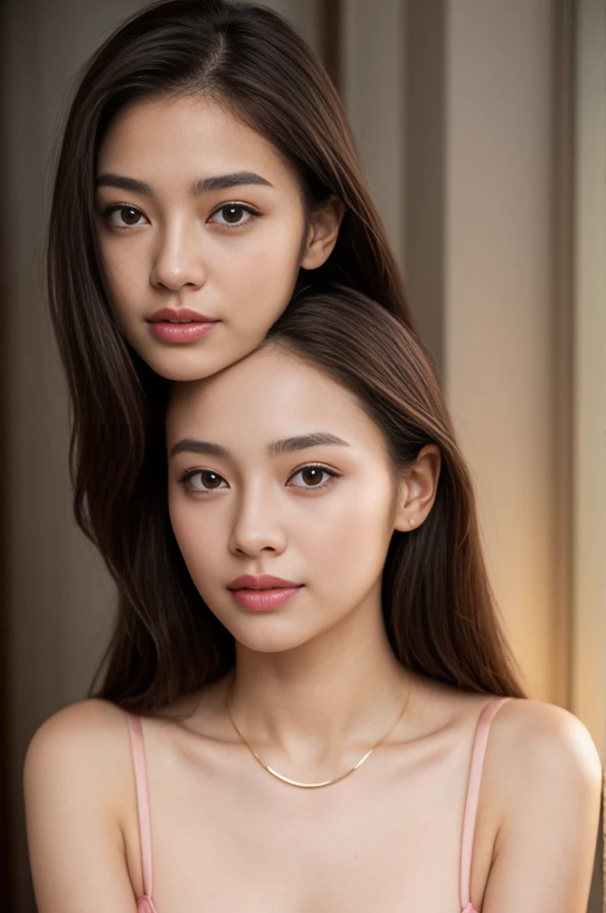 Create a (( mid-shot )) photorealistic image of a beautiful Asian woman with fair, smooth, flawless skin. She has large, round, sparkling eyes with naturally long and curled eyelashes, and well-defined, dark eyebrows. Her nose is straight and high, and her naturally pink, soft lips form a gentle smile. She has short, slightly curled brown hair that highlights her delicate facial features. Her face is oval-shaped, with a wide and high forehead, moderately high cheekbones, and a pointed, slender chin. (( waist to top)) ((,She is wearing a shirt slender shoulders with (((.bralette trap))), simple necklace , highlighted by the rays of light creating a radiant effect on her skin. , mid-shot , light rays, warm atmosphere ,))