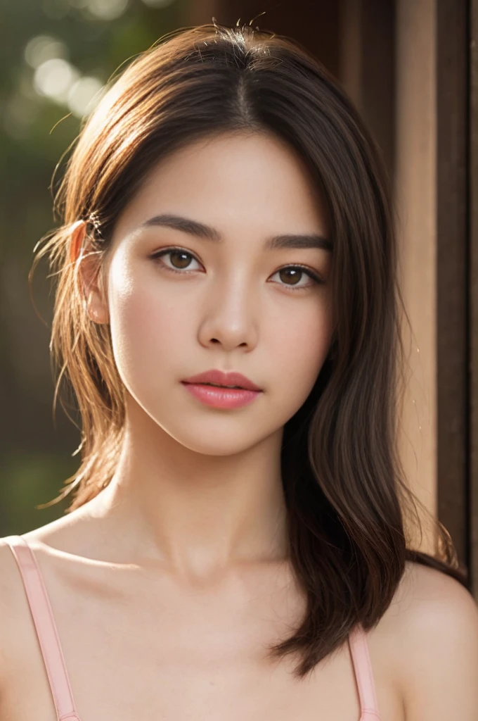 Create a (( mid-shot )) photorealistic image of a beautiful Asian woman with fair, smooth, flawless skin. She has large, round, sparkling eyes with naturally long and curled eyelashes, and well-defined, dark eyebrows. Her nose is straight and high, and her naturally pink, soft lips form a gentle smile. She has short, slightly curled brown hair that highlights her delicate facial features. Her face is oval-shaped, with a wide and high forehead, moderately high cheekbones, and a pointed, slender chin. (( waist to top)) ((,She is wearing a shirt slender shoulders with (((.bralette trap))), simple necklace , highlighted by the rays of light creating a radiant effect on her skin. , mid-shot , light rays, warm atmosphere ,))
