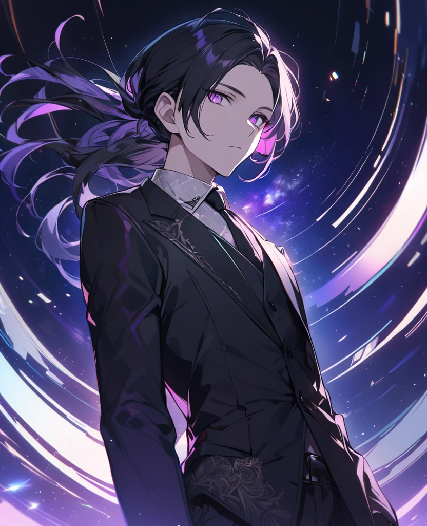 (black_hair), (long_male_hair), (deep_purple_eyes), (high_detailed_eyes), (attractive), (emotionless), (Deep_space_background), (male), (wearing _a_black_suit), (long_male_hair), (detailed_Hair), (detailed), (detailed_mouth), (vertical_slit_pupils), (Europian)