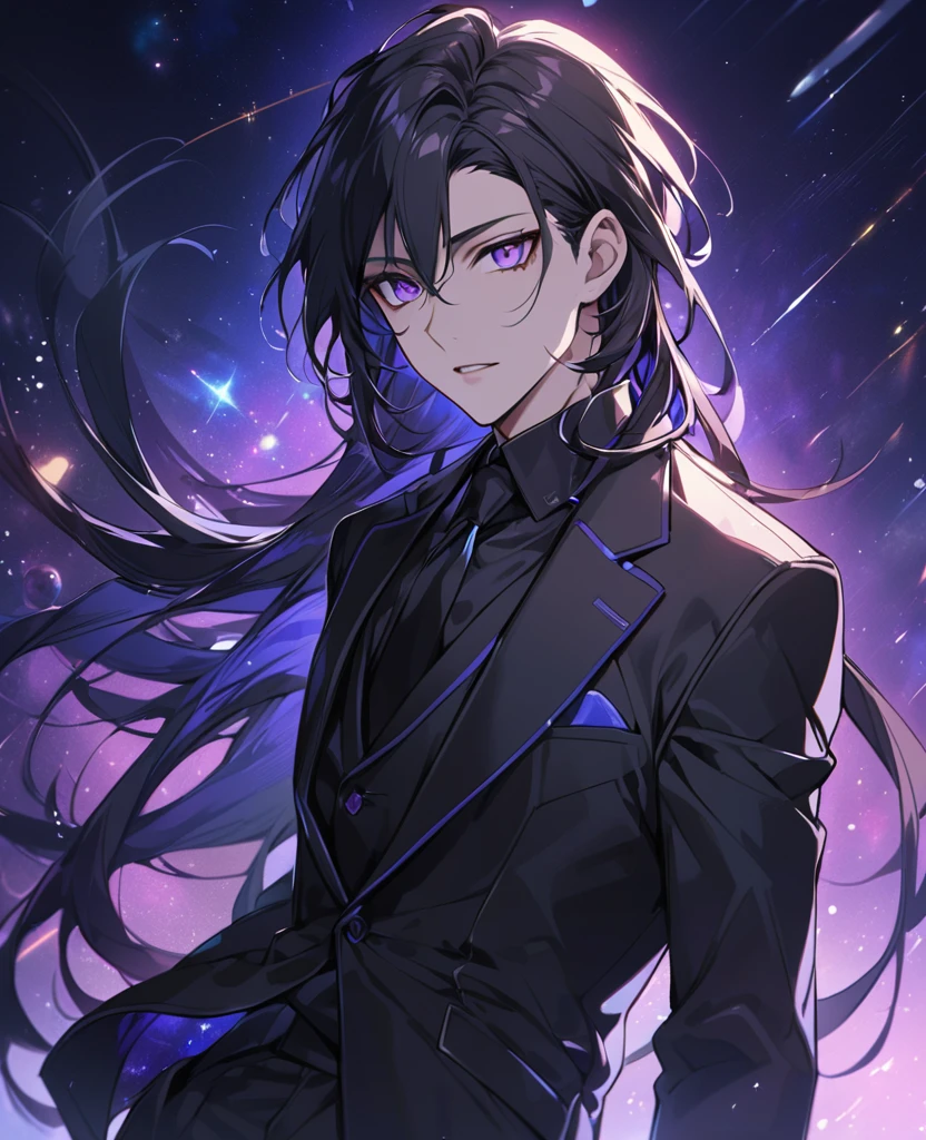 (black_hair), (long_male_hair), (deep_purple_eyes), (high_detailed_eyes), (attractive), (emotionless), (Deep_space_background), (male), (wearing _a_black_suit), (long_male_hair), (detailed_Hair), (detailed), (detailed_mouth), (vertical_slit_pupils), (Europian)