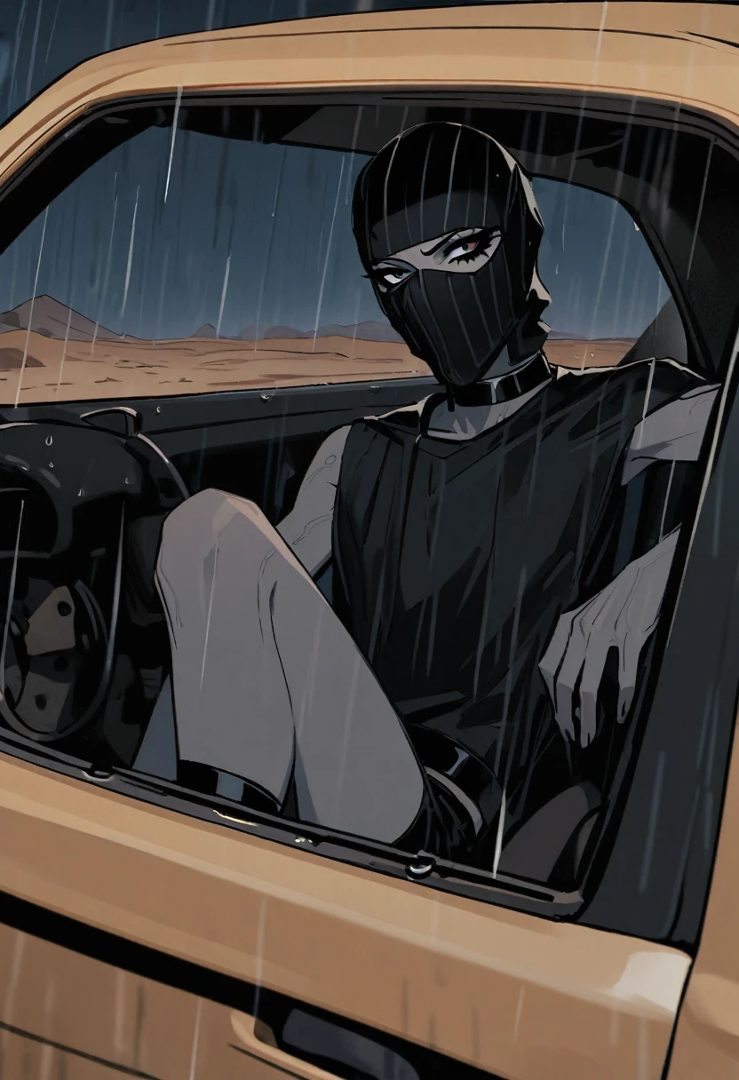 Male arab modern terrorist, terrorist, black balaclava, black bandage, black clothes, thin waist, skinny body, femboy, light skin, makeup, black eyeliner, big eyelashes, black eyeshadow, metal choker, inside the car, desert, night, rain