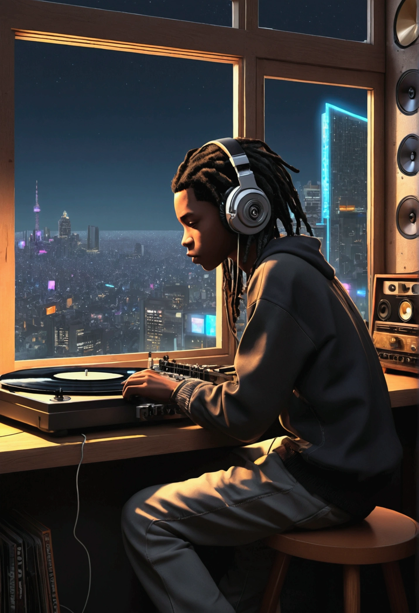 Photo of a black dreadlocks kid listening to music wearing headphones, Text why you, Super detail, Vintage wave, Cyberpunk, Sad atmosphere, Luminous light through the windows, nighttime scene, One bedroom, 2D, (shot from afar), Wide shot, (Noise from the film), Old cartoons, (Many records: 1.3), Vinyl record store, (Masterpiece, Very high quality, Very high quality, offcial art, Beautiful and aesthetic: 1.2), (Very detailed, (Fractal art: 1.4 ), guitar, (Notes: 1.4), (Lo-fi hip-hop), Side view, Old anime textures, Alone, speakers, Cyberpunk, Vinyl, Night