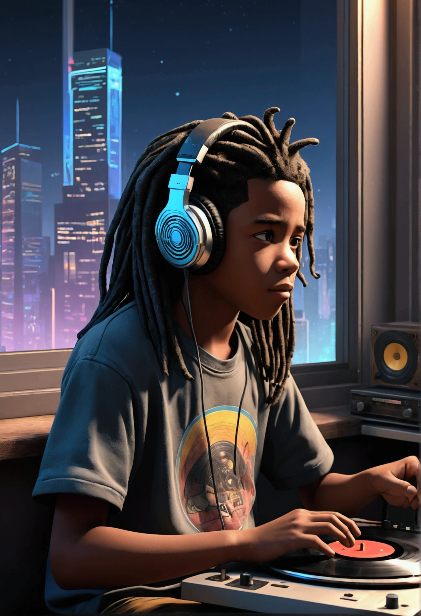 Photo of a black dreadlocks kid listening to music wearing headphones, Text why you, Super detail, Vintage wave, Cyberpunk, Sad atmosphere, Luminous light through the windows, nighttime scene, One bedroom, 2D, (shot from afar), Wide shot, (Noise from the film), Old cartoons, (Many records: 1.3), Vinyl record store, (Masterpiece, Very high quality, Very high quality, offcial art, Beautiful and aesthetic: 1.2), (Very detailed, (Fractal art: 1.4 ), guitar, (Notes: 1.4), (Lo-fi hip-hop), Side view, Old anime textures, Alone, speakers, Cyberpunk, Vinyl, Night