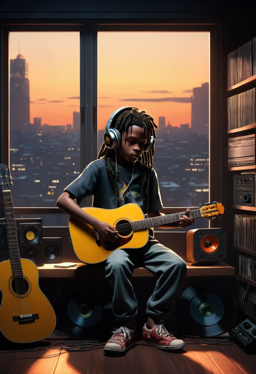 Photo of a black dreadlocks kid listening to music wearing headphones, Text why you, Super detail, Vintage wave, Cyberpunk, Sad atmosphere, Luminous light through the windows, nighttime scene, One bedroom, 2D, (shot from afar), Wide shot, (Noise from the film), Old cartoons, (Many records: 1.3), Vinyl record store, (Masterpiece, Very high quality, Very high quality, offcial art, Beautiful and aesthetic: 1.2), (Very detailed, (Fractal art: 1.4 ), guitar, (Notes: 1.4), (Lo-fi hip-hop), Side view, Old anime textures, Alone, speakers, Cyberpunk, Vinyl, Night