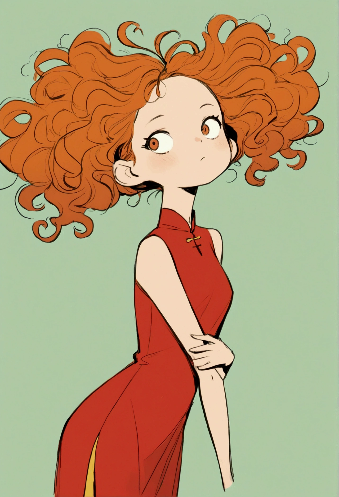 (((Exaggerated digital character sketches:1.37))).(1 Girl,cheongsam,Solitary,Fluffy curly hair,(Exaggerated expression,),(Black sketch lines,Loose brushstrokes create the outline,Cartoon Style. Bright colors and simplified lines, sketch)。(Exaggerated body movements),(Large area of blank)