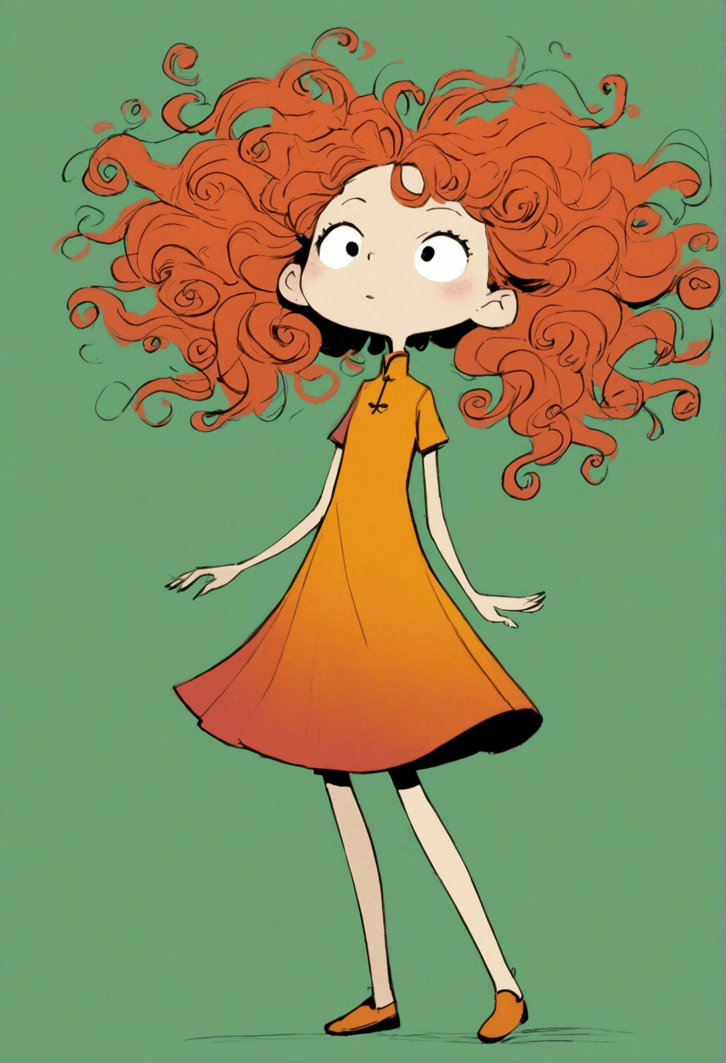 (((Exaggerated digital character sketches:1.37))).(1 Girl,cheongsam,Solitary,Fluffy curly hair,(Exaggerated expression,),(Black sketch lines,Loose brushstrokes create the outline,Cartoon Style. Bright colors and simplified lines, sketch)。(Exaggerated body movements),(Large area of blank)