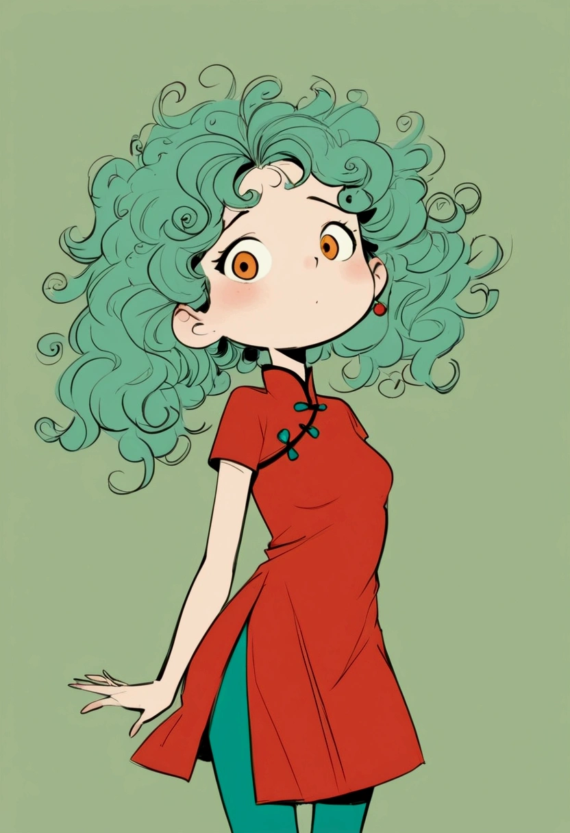 (((Exaggerated digital character sketches:1.37))).(1 Girl，cheongsam，Solitary，Fluffy curly hair，(Exaggerated expression,)，(Black sketch lines，Loose brushstrokes create the outline，Cartoon Style. Bright colors and simplified lines, sketch)。(Exaggerated body movements),(Large area of blank）
