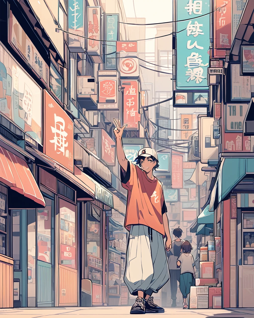 Create a detailed anime illustration of a boy with short hair standing in a vibrant, bustling urban street. He should be dressed in casual streetwear: a baseball cap, baggy pants, and a graphic t-shirt. The boy is holding up a peace sign with his right hand, his expression calm and slightly neutral. Use a two-tone pastel background to highlight the modern street scene, featuring various signs in Japanese, colorful storefronts, and a generally busy atmosphere.