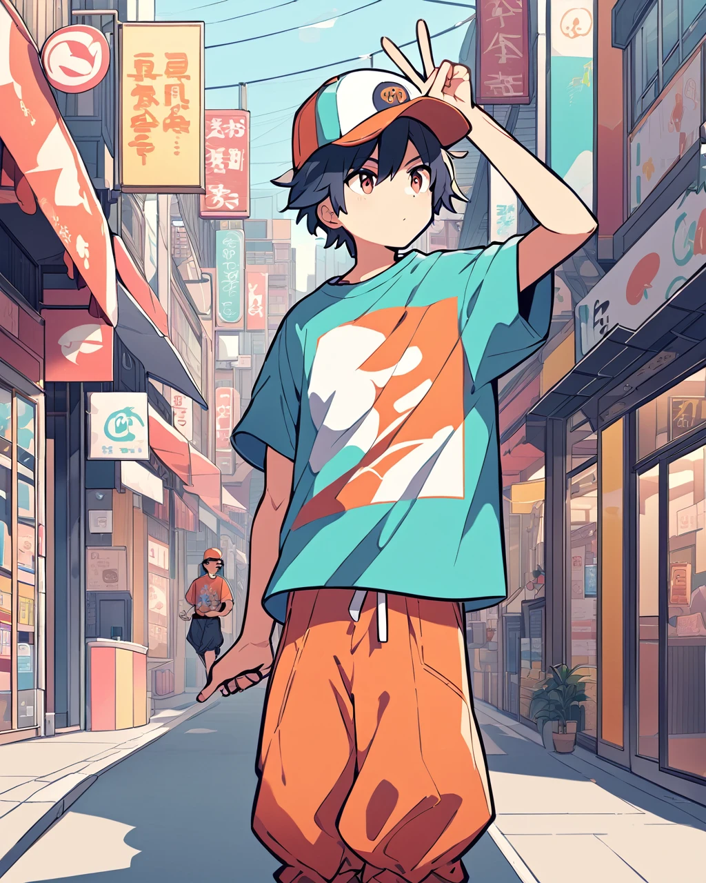 Create a detailed anime illustration of a boy with short hair standing in a vibrant, bustling urban street. He should be dressed in casual streetwear: a baseball cap, baggy pants, and a graphic t-shirt. The boy is holding up a peace sign with his right hand, his expression calm and slightly neutral. Use a two-tone pastel background to highlight the modern street scene, featuring various signs in Japanese, colorful storefronts, and a generally busy atmosphere.